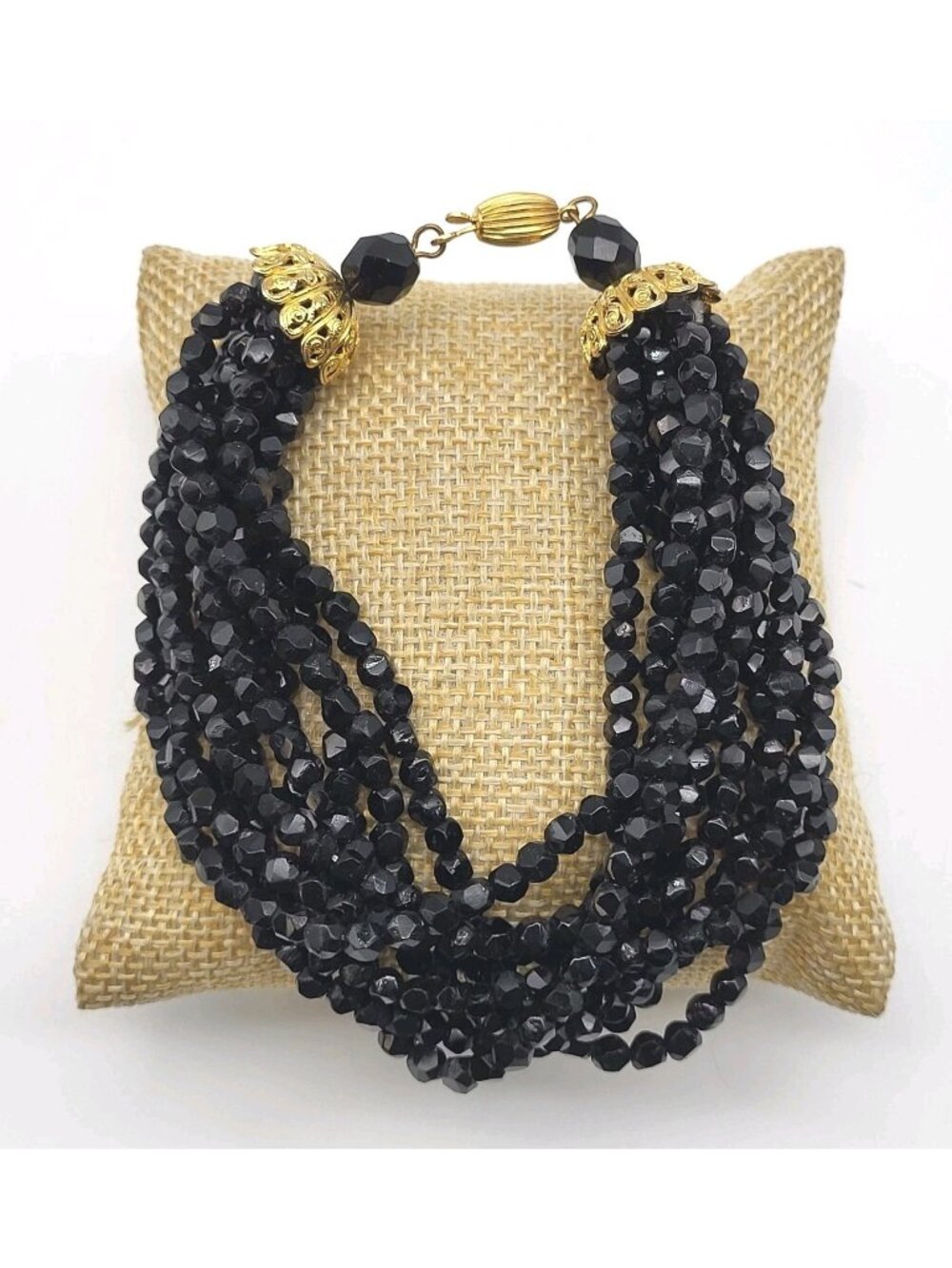 Vintage Whitby Jet Beaded Bracelet Multi Strand Mourning Jewelry